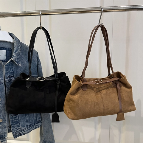 Vintage Minimalist Women Underarm Bag Faux Suede Matte Large Capacity Shoulder Bag With Buckle Strap Autumn Winter Fashion Trend Handbag