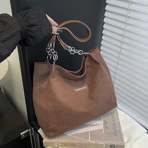 Borsa Tote in Velluto a Coste Donna Grande Capacità Borsa a Tracolla Con Catena Ciondolo Orso Creative Cat Casual Borsa