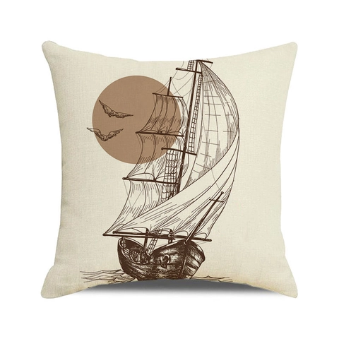 Nautical Sailboat Pillowcase Linen Square Vintage Navigation Oil Painting Pattern Cushion Cover Home Sofa Decor Artistic Mediterranean