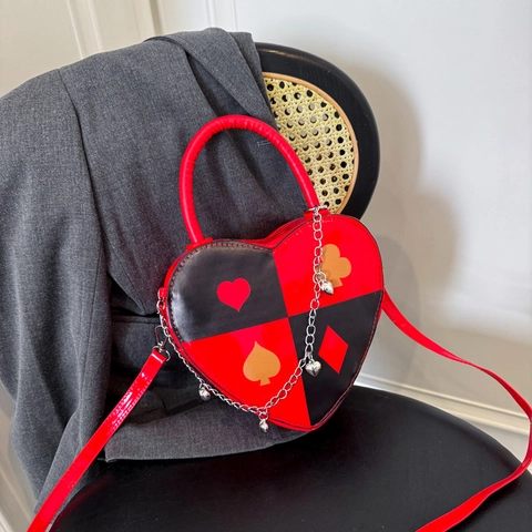 Women Heart Shaped Poker Pattern Crossbody Bag PU Leather Contrast Color Shoulder Bag With Metal Chain Small Handbag