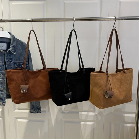Bolso Tote Retro de Gamuza Sintética para Mujer Gran Capacidad Color Sólido Minimalista Bolso de Hombro para el Diario