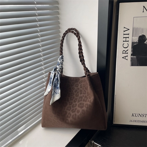 Borsa Tote in Pelle Scamosciata con Stampa Leopardata Vintage per Donna Con Manico Intrecciato e Sciarpa Grande Capacità Borsa a Tracolla alla Moda