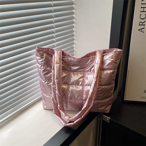 Women Large Capacity Quilted Puffer Tote Bag Metallic Shiny Square Stitched Shoulder Bag Fashion Cotton Padded Winter Handbag