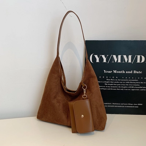Borsa a Spalla Minimalista da Donna in Tessuto Scamosciato Grande Capacità Vintage Hobo Tote Con Piccola Borsa Coordinata Pendolare