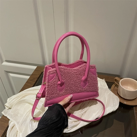 Damen Winter Warm Lammwolle Spleißen Kunstleder Handtasche Umhängetasche Plüsch Kleine Quadratische Tasche Für Den Alltag