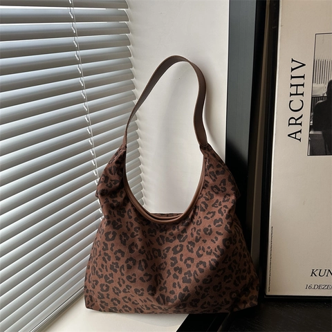 Borsa Hobo In Pelle Scamosciata Leopardata Da Donna Grande Capacità Borsa A Spalla Retro Casual Tote Morbida Versatile