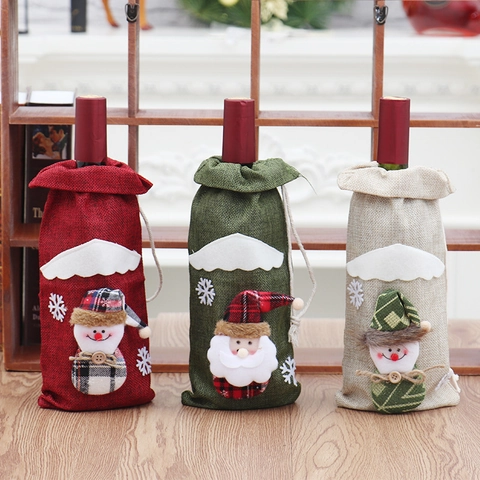 Christmas Wine Bottle Cover Linen Burlap Santa Claus Snowman Plaid Drawstring Gift Bag For Christmas Dinner Table Decorations