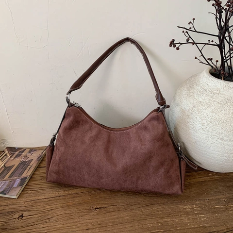 Vintage Suede Underarm Shoulder Bag For Women Frosted Minimalist Baguette Bag With Zipper Closure Retro Solid Color