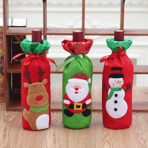 Christmas Wine Bottle Cover Cloth Felt Sequin Embroidery Santa Snowman Reindeer Ribbon Festive Party Dining Table Decor