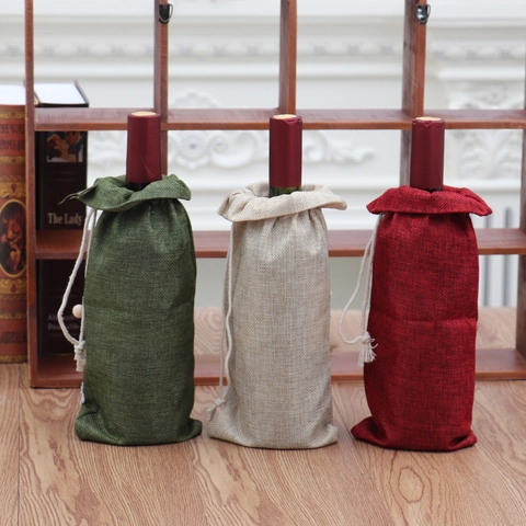 Christmas Wine Bottle Cover Linen Burlap Santa Claus Snowman Plaid Drawstring Gift Bag For Christmas Dinner Table Decorations