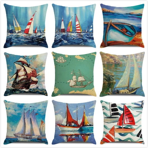 Nautical Sailboat Pillowcase Linen Square Vintage Navigation Oil Painting Pattern Cushion Cover Home Sofa Decor Artistic Mediterranean