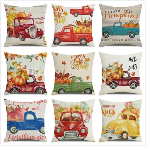 Thanksgiving Herfst Herfst Pompoen Retro Vrachtwagen Linnen Kussensloop Decoratieve Kussenhoes Voor Sofa Home Decor