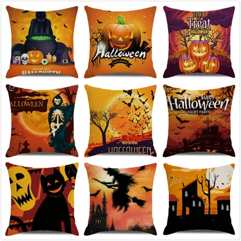 Halloween Kissenhülle Leinen Aquarell Kürbis Fledermaus Druck Für Sofa Home Party Deko Quadratisch