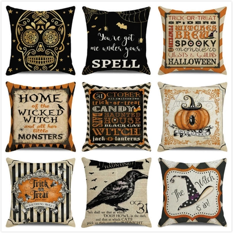 Halloween Pillow Cover Linen Cushion Case Pumpkin Ghost Skull Spooky Decorative Retro Gothic Home Sofa Ornament