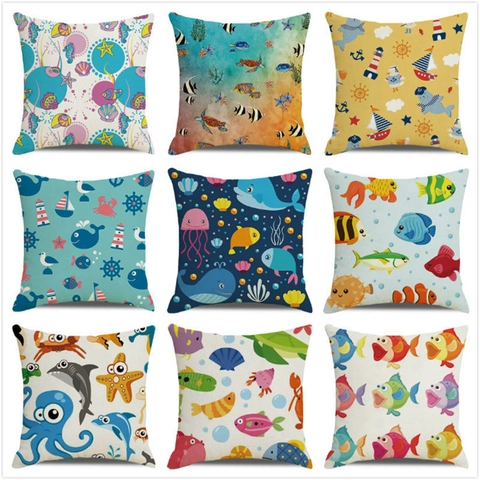 Aquarel Oceaan Haai Walvis Nautisch Decoratieve Linnen Kussenhoes Cartoon Dier Home Decor Sofa Vierkante Kussensloop Geen Vulling