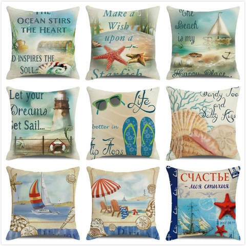 Nautischer Kissenbezug Aquarell Segelboot Anker Leuchtturm Leinen Dekokissenbezug Für Sofa Heimdekoration Ozeanthema Quadratisch