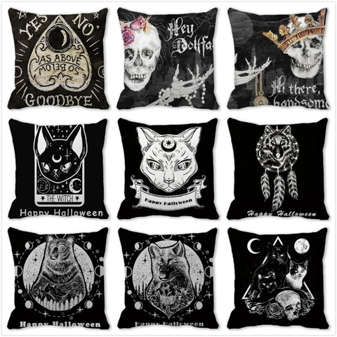 Gotische Halloween Kussenhoezen Polyester Perzikhuid Home Decor Zwarte Kat Schedel Mystiek Occult Vierkante Sierkussen Sloop