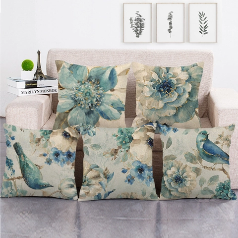 Decoratieve Kussensloop Linnen Inktbloem Vogel Aquarel Kussenhoes Vierkant Home Sofa Decor
