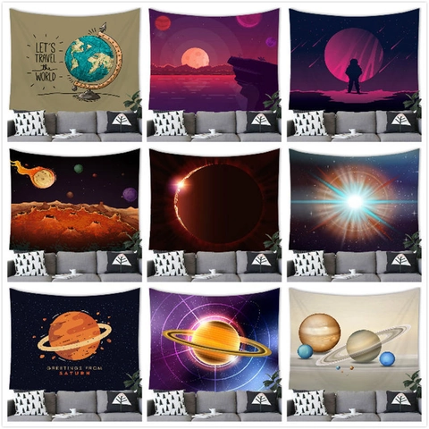 Outer Space Planet Tapestry Wall Hanging Astronaut Galaxy Starry Sky Scenery Polyester Fabric Wall Art For Bedroom Living Room Home Decor
