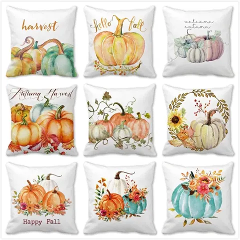 Funda De Cojín De Calabaza De Cosecha De Otoño En Acuarela Acción De Gracias Decorativo Poliéster Piel De Melocotón Para Casa