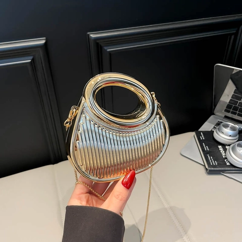 Metallische Texturierte PU Halbmond Schultertasche Mit Rundem Griff Und Kette Stilvolle Umhängetasche Abend Clutch Für Damen Geschenk