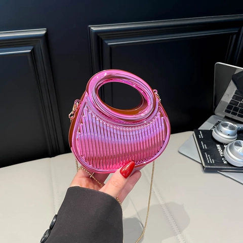 Metallische Texturierte PU Halbmond Schultertasche Mit Rundem Griff Und Kette Stilvolle Umhängetasche Abend Clutch Für Damen Geschenk