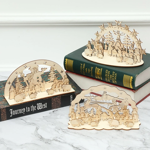 Nordic Christmas Wooden DIY Assembled Ornament Laser Cut Hollow Desktop Decoration Reindeer Sleigh Snowman Nativity Scene