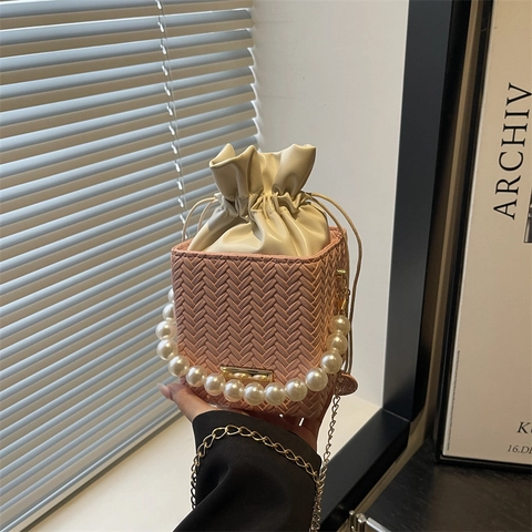 Fashion Woven Pattern Women Mini Bucket Bag Artificial Leather Drawstring Crossbody Bag With Artificial Pearl Handle Metal Chain