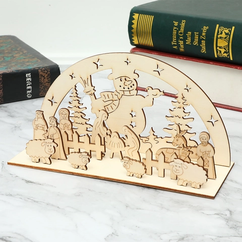 Nordic Christmas Wooden DIY Assembled Ornament Laser Cut Hollow Desktop Decoration Reindeer Sleigh Snowman Nativity Scene