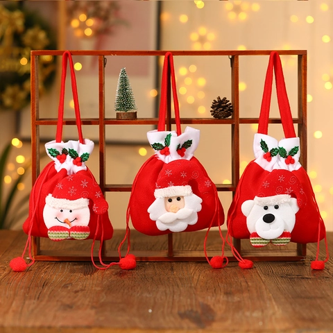 Sacchetto Regalo di Natale con Coulisse in Velluto 3D Babbo Natale Pupazzo di Neve Orso Borsa per Caramelle Festa Bambini