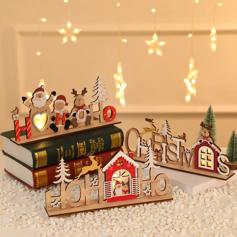 Kerst Houten LED Verlichte Tafeldecoratie Kerstman Rendier Tafelornament Feestelijke Vakantie Decoratie Hout Ambacht Letterbord