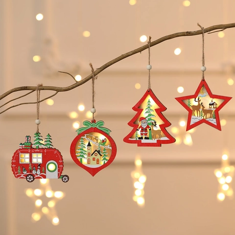 Hölzerne Weihnachten LED Hängende Ornamente 3D Hohl Weihnachtsmann Rentier Leuchtende Deko Für Weihnachtsbaum Party Haus
