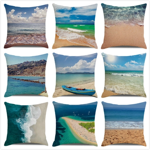Zomer Strand Oceaan Palmboom Decoratieve Linnen Kussenhoes Tropisch Landschap Kussensloop Voor Sofa Huis Decor