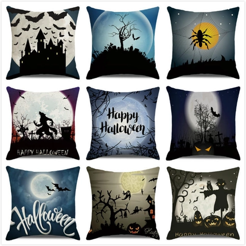 Funda de Cojín de Halloween Lino Calabaza Murciélago Bruja Castillo Patrón Decorativa Hogar Cuadrada para Sofá