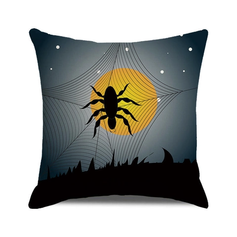 Funda de Cojín de Halloween Lino Calabaza Murciélago Bruja Castillo Patrón Decorativa Hogar Cuadrada para Sofá