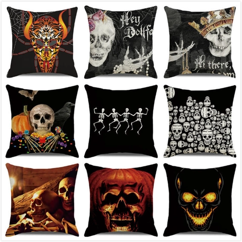 Halloween Throw Pillow Case Gothic Skull Pumpkin Pattern Linen Cotton Cushion Cover Horror Vintage Home Decor