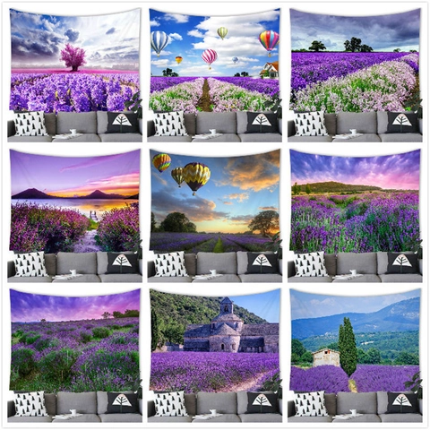 Lavendelfelder Naturlandschaft Wandteppich 3D Druck Sonnenuntergang Szenerie Wandbehang Deko Polyester Hintergrund Für Wohnzimmer