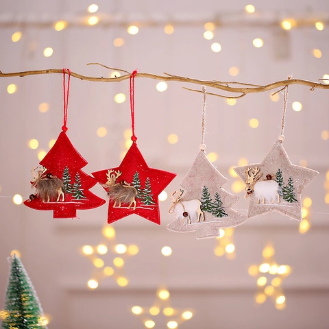 Ornamenti Appesi Di Natale Albero Stella Feltro Renna Perle Legno Ricamato Decorazione Festiva