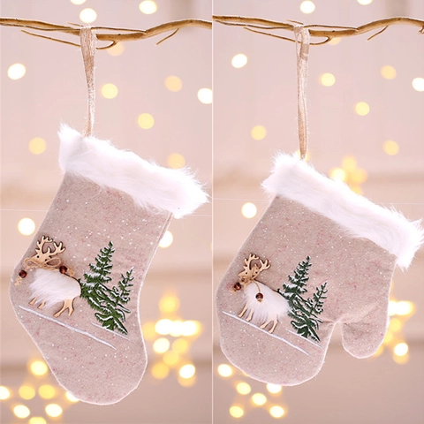 Christmas Stocking And Glove Hanging Decoration Linen Flannel Reindeer Embroidery For Festive Tree Window Holiday
