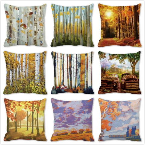 Autumn Landscape Throw Pillow Covers Peach Skin Velvet Thanksgiving Forest Tree Oil Painting Square Cushion Covers Sofa Decor