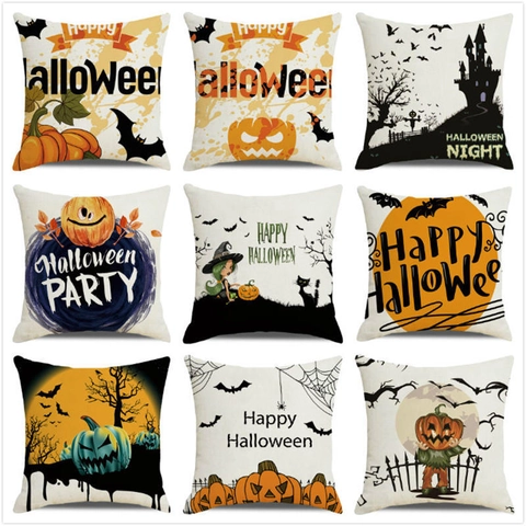 Halloween Pillowcase Linen Cushion Cover Square Throw Pumpkin Bat Castle Decorative Home Sofa Festive Autumn Party Decor
