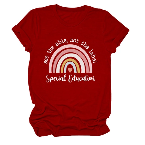 Women Casual Cotton Blend Short Sleeve T-Shirt Rainbow Heart Print See The Able Not The Label Special Education Graphic Top