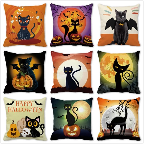 Halloween Deko Kissenbezug Schwarze Katze Kürbis Pfirsichhaut Samt Quadratische Kissenhülle Sofa Deko