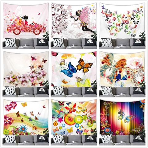 Artistic Butterfly Girl Floral Wall Hanging Tapestry Polyester Brushed Fabric For Bedroom Living Room Home Decor Backdrop