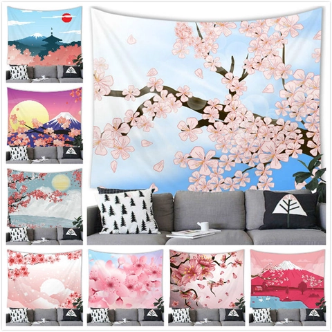 Japanese Style Wall Tapestry Pink Cherry Blossom Sakura Landscape Print Polyester Hanging Decor For Home Living Room Bedroom
