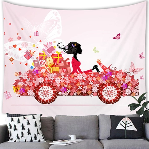 Artistic Butterfly Girl Floral Wall Hanging Tapestry Polyester Brushed Fabric For Bedroom Living Room Home Decor Backdrop