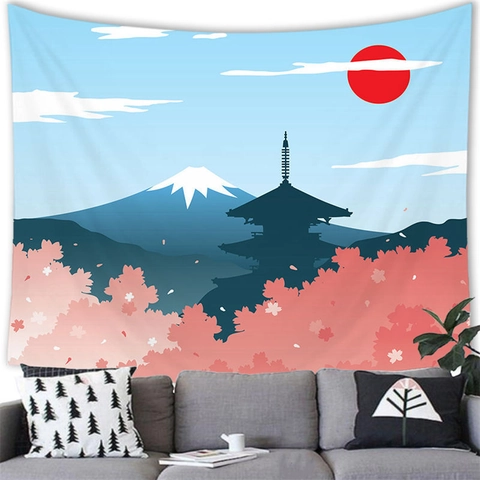 Japanese Style Wall Tapestry Pink Cherry Blossom Sakura Landscape Print Polyester Hanging Decor For Home Living Room Bedroom