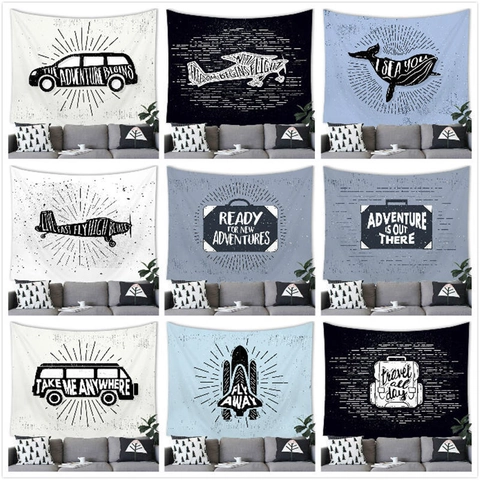 Tapiz de Viaje Aventura Vintage de Tela de Poliéster Decoración de Pared Con Estampado de Coche Avión Ballena Letras para Sala de Estar Dormitorio Hogar