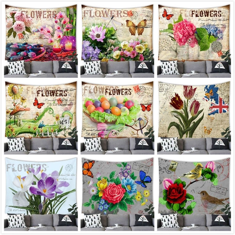 Vintage Floral Butterfly Tapestry Wall Hanging Retro Postcard Style Polyester Art Decor For Bedroom Living Room Backdrop