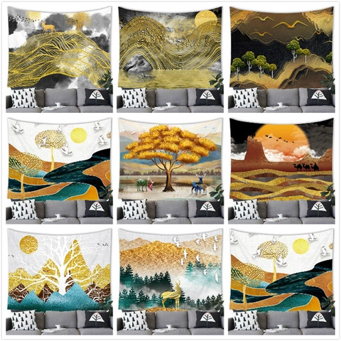 Chinese Ink Wash Landscape Tapestry Polyester Wall Hanging Gold Mountain Deer Abstract Art Decor For Home Living Room